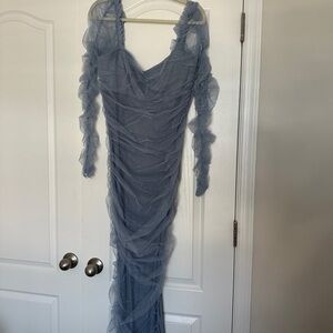 Fashion Nova Blue Ruched Sweetheart Gown